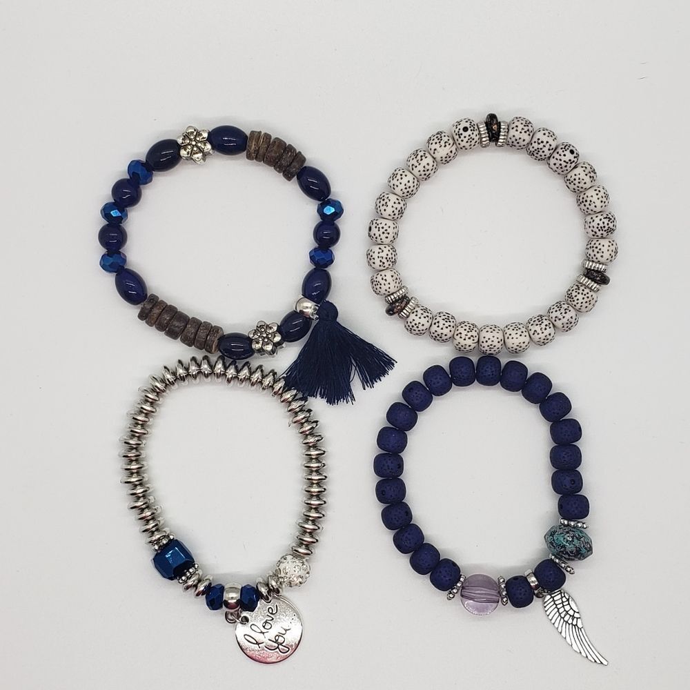 Blue Beaded Multi-Layer Bracelet With Tassel I Love You Charm - Picture 5 of 8